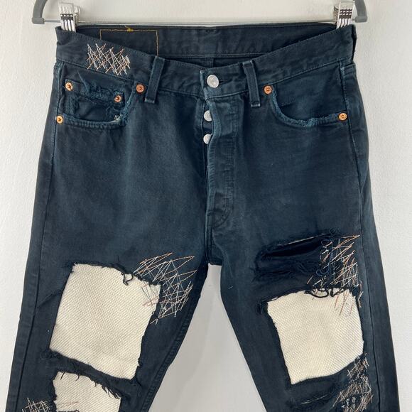 FREE PEOPLE x Rialto Levi501 Straight Leg Patch Jeans Black Dark Denim Size 30 - Picture 3 of 8